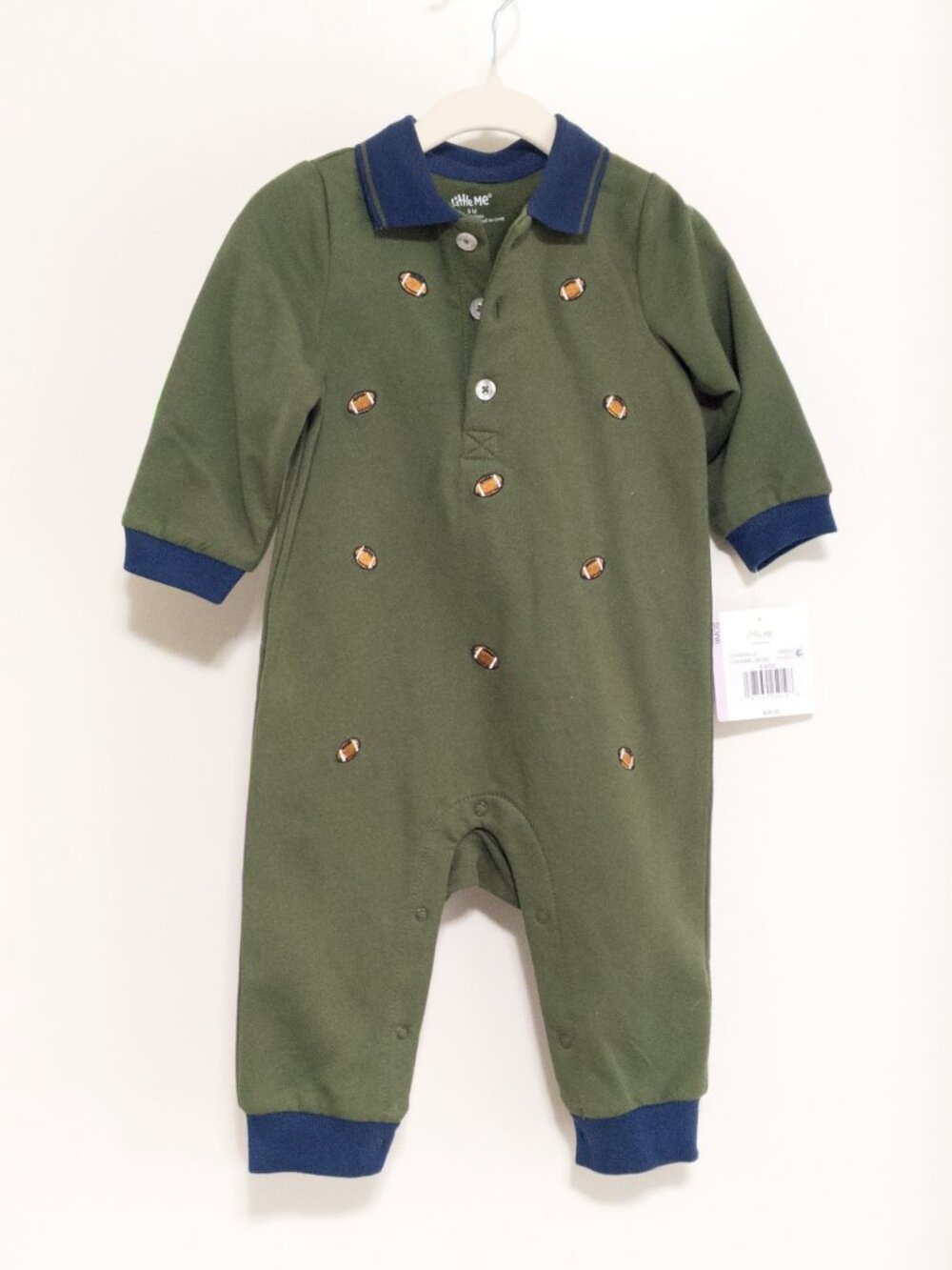 NWT Little Me Football Coveralls Romper Onesie 9 Months Boy Green Collared Snap